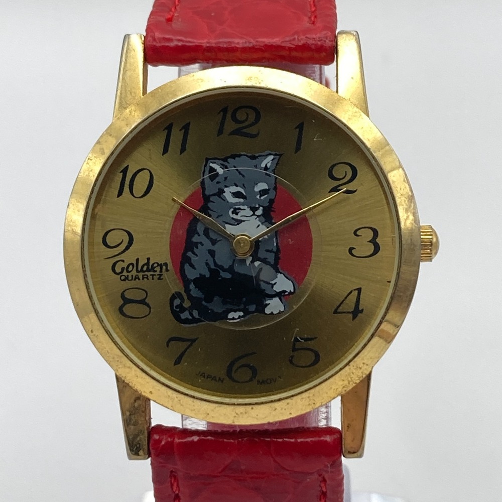 Vintage Cat & Mouse Women's Watch 33mm Gold Tone Red Band New Battery 8.25"